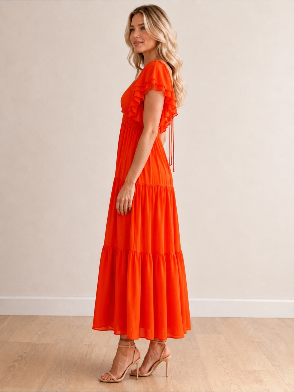 Women's Orange Tiered V-Neck Maxi Dress Small - Picture 2 of 4